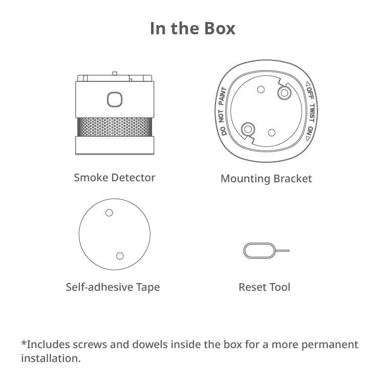 Contents of the Vanemar Smoke Detector package, featuring the detector, mounting bracket, self-adhesive tape, and reset tool for easy installation.