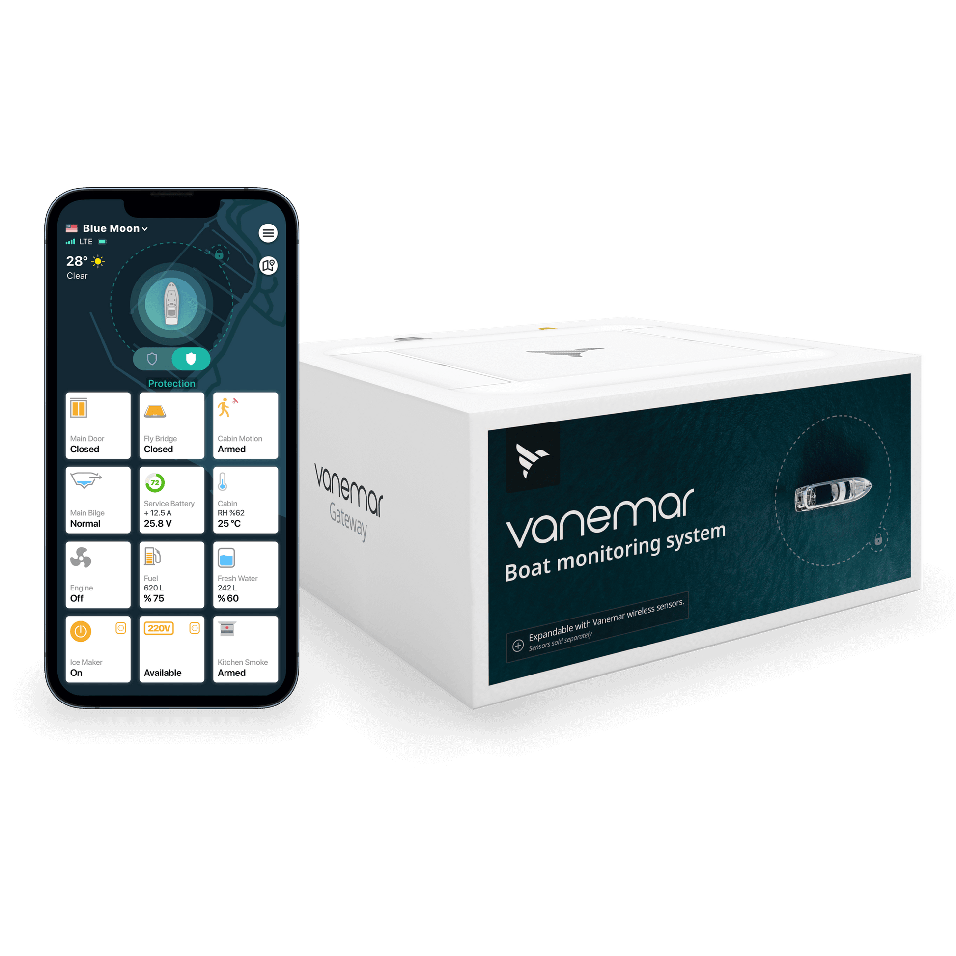 Vanemar Gateway product package with smartphone showing Vanemar app interface, highlighting advanced boat monitoring and security features.